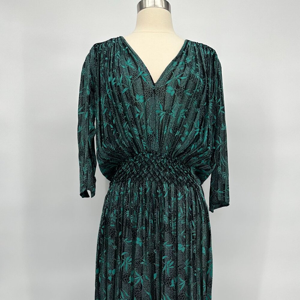 Vintage 1940s Teal and Black Rayon Crêpe, Chiffon Hand, Smocked Floral BoHo Dres